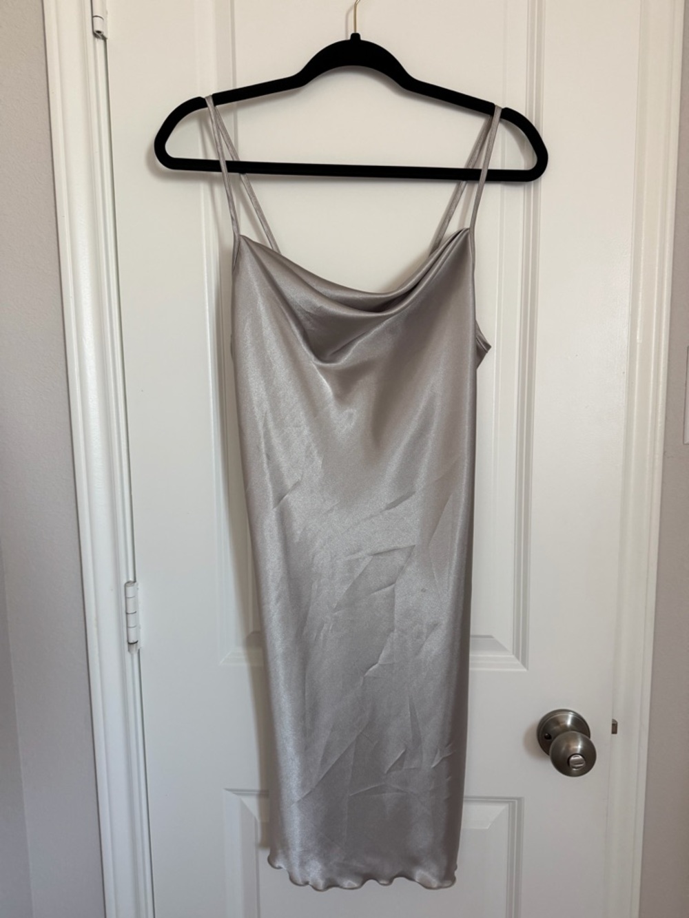 Silver Satin Slip Dress - Cowl Neck Spaghetti Straps